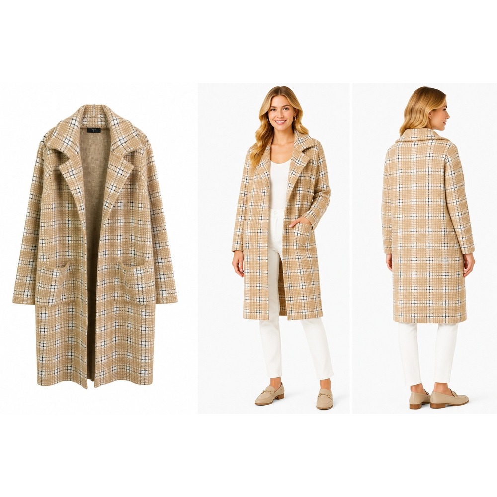 Tahari Sweater Coat L Tan White Plaid Knit Collared Open Front Quiet‎ Luxury